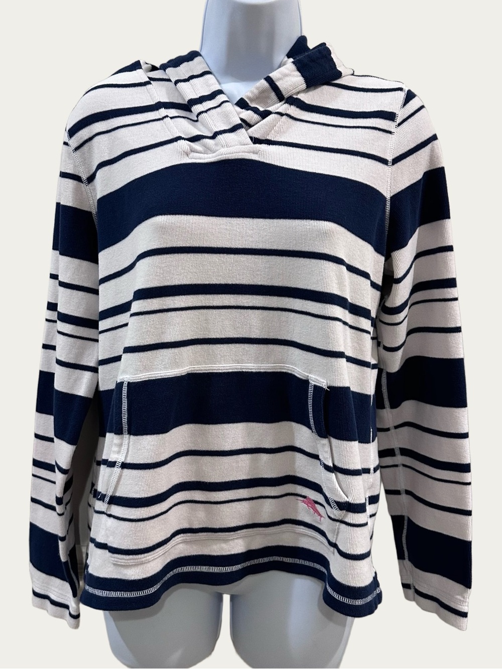 Blue & White Striped Tommy Bahama Long Sleeve Hooded Pullover Top S/P